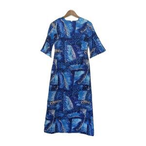 Vintage 70s Hukilau Fashions Hawaiian Maxi Dress Blue Wave Wiggle S B34 Poly